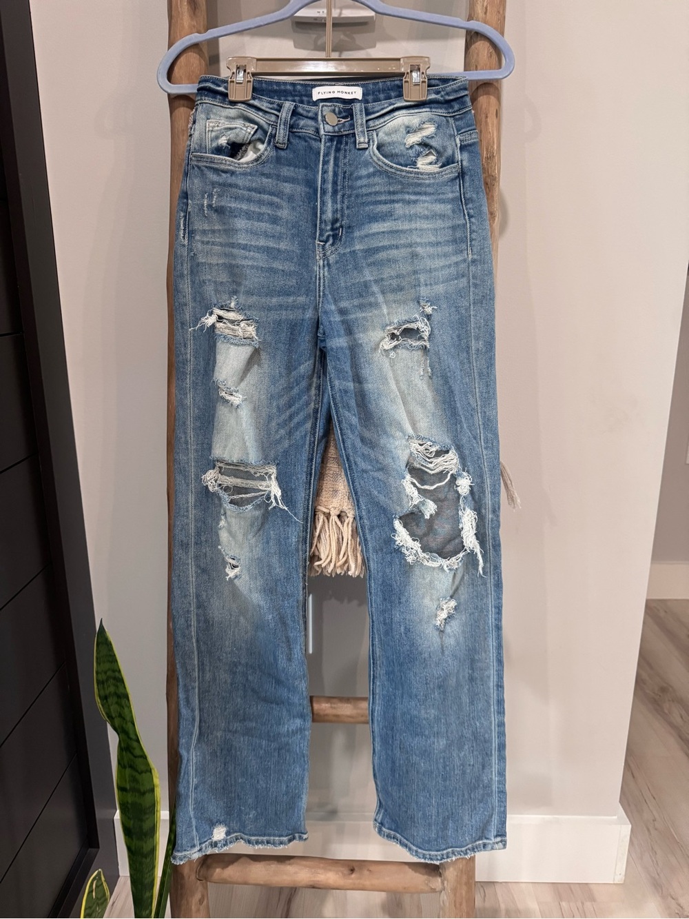 Flying Monkey Distressed Boyfriend Jeans - Light Blue